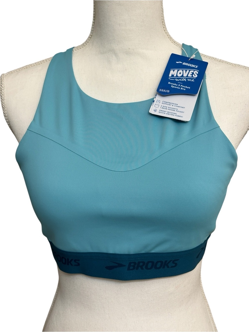 NWT BROOKS Aqua Blue “Moves With Me” 3-Pocket Sports Running Bra Size 38 A/B